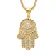 Turkish Evil Eye Hamsa Hand of Fatima Pendant Necklace Gold Color Stainless Steel Iced Out Chains