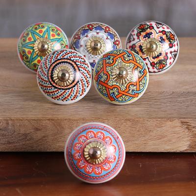 '6 Hand-Painted Ceramic Knobs with Moroccan-Style Accents'