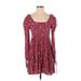 American Eagle Outfitters Casual Dress - A-Line Square Long sleeves: Burgundy Floral Dresses - Women's Size X-Small