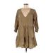 Zara Casual Dress - A-Line V Neck 3/4 sleeves: Tan Solid Dresses - Women's Size Medium