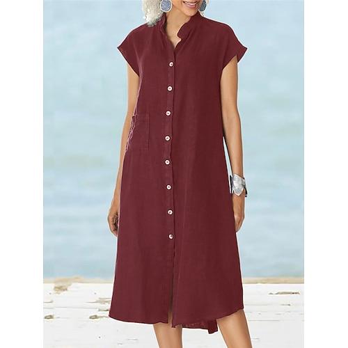Femmes Noir Blanche Vin Été Printemps Robe Midi Robes en coton et lin Robe Chemise Robe Décontractée Basique Moderne Quotidien Week-end Coupe Ample Uni Col montant
