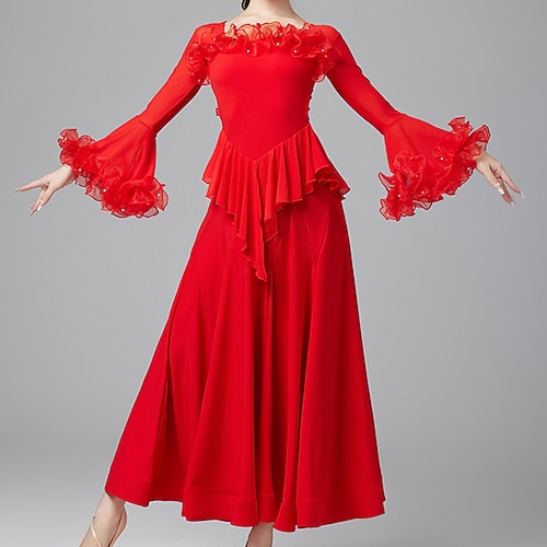 Latein-Tanz Für den Ballsaal Kleid Farbaufsatz Damen Leistung Freizeitskleidung Langarm Kristall-Baumwolle Image