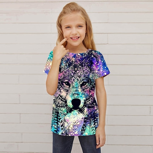 Mädchen 3D Tier Galaxis Wolf T-Shirt Kurzarm 3D-Druck Sommer Frühling Aktiv Modisch Kuschelig Polyester kinderkleidung 3-12 Jahre Outdoor Täglich Regular Fit Image