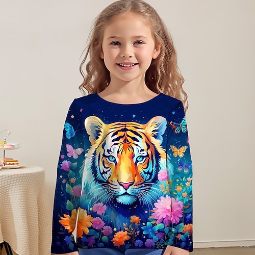 Mädchen 3D Graphic Tier Tiger T-Shirt Langarm 3D-Druck Herbst Winter Aktiv Modisch Kuschelig kinderkleidung 3-12 Jahre Outdoor Casual Täglich Regular Fit Image