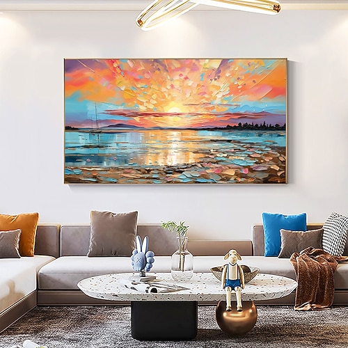 Ölgemälde, handgemalt, impressionistisches Ölgemälde am Meer, Sonnenuntergang auf Leinwand, modernes Meeresgemälde, abstraktes, farbenfrohes Landschaftsgemälde, Wandkunst, Gemälde für Wohnzimmer, Image