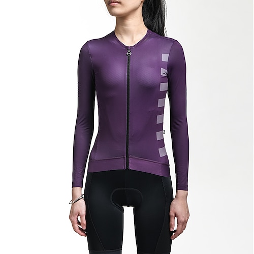 Damen Radtrikot Streifen Langarm Fahhrad Trikot Oberteil mit 3 Gesäßtaschen Mountainbike MTB Straßenradsport Schnelltrocknend Reflektierende Streifen Rückentasche Feuchtigkeitsableitend Sport Violett Image
