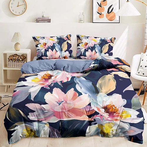 Lila-schwarzes Bettbezug-Set mit Blumenmuster, King- und Queen-Size-Größe, 3-teiliges Set aus Mikrofaser-Bettwäsche, perfekt als Muttertagsgeschenk, superweich, hautfreundlich, langlebig Image