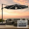 FLAME&SHADE 11ft LED Offset Outdoor Patio Umbrella Solar Power Round Canopy Umbrella with Aluminum Frame and Base for Garden Poolside and Market Black