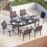& William 9 Pieces Patio Dining Set for 8 Outdoor Furniture with 1 X-Large E-Coating Square Metal Table and 8 Grey Portable Folding Sling Chairs Outdoor Table & Chairs for Porch