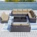 Outdoor Patio Furniture Set 6 Pieces Sectional Rattan Sofa Set Brown PE Rattan Wicker Patio Conversation Set with 5 Navy Blue Seat Cushions and 1 Tempered Glass Table