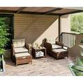 Balcony 5 Piece Patio Conversation Set PE Wicker Rattan Outdoor Lounge Chairs with Soft Cushions 2 Ottoman&Glass Table for Porch Lawn-Brown Wicker (Brown)