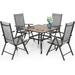 VILLA 7 PCs Outdoor Patio Dining Set 6 Adjustable Folding Reclining Sling Chair with Armrest & 1 Rectangle Patio Dining Table with 1.57 Umbrella Hole (Black)