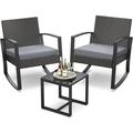 Qsun 3 Pieces Patio Furniture Set Patio Rocking Bistro Set Outdoor Patio Furniture Sets Rattan Conversation Sets with Coffee Table for Garden Balcony Backyard Poolside (Grey Cushion)