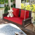 Wicker Hanging Porch Swing With Chains Cushion Pillow Rattan Swing Bench For 2 Person Garden Backyard Porch Swing