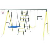 Swing Sets for Backyard 5 in 1 Heavy-Duty Metal Swing Sets for Backyard with 2 Swings Climbing Ladder and Basketball Hoop A-Frame Swing Set for Outdoor Backyard Playground
