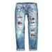 SZXZYGS Womens Jeans Mid Rise Baggy Womens Jeans Baseball Print Ripped Pants Easter