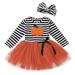 dmqupv Big Kid Childrenscostume Female Set Girl Kids Baby Girls Pumpkin Striped Embroidery Dress+Headbands Set Teens Outfits (Orange 4-5 Years)