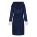 FRSASU Women Pajamas Unisex Winter Women Lengthened Plush Shawl Bathrobe Long Sleeve Robe Hooded Coat Navy XL