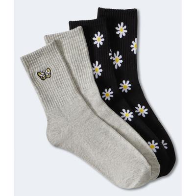 Aeropostale Womens' Butterfly & Daisy Crew Sock 2-Pack - Grey - Size ONE SIZE - Cotton