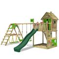 FATMOOSE HappyHome Play Tower Climbing Frame with Swing SurfSwing & Green Slide, Playhouse with Sandpit, Ladder & Play Accessories