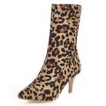 Lizoleor Women Mid Calf Pointed Toe Side Zip Leopard Booties Evening Party Fashion Stiletto High Heels Short Boots Dress Khaki Size 7.5 UK/43