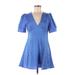 Topshop Casual Dress - Mini Plunge Short sleeves: Blue Polka Dots Dresses - Women's Size 6 Petite