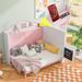 Full House Murphy Bed with Shelves, Blackboard & Window Design, Space-Saving Wood Bedframe w/USB Port for Boys&Girls, Pink+White