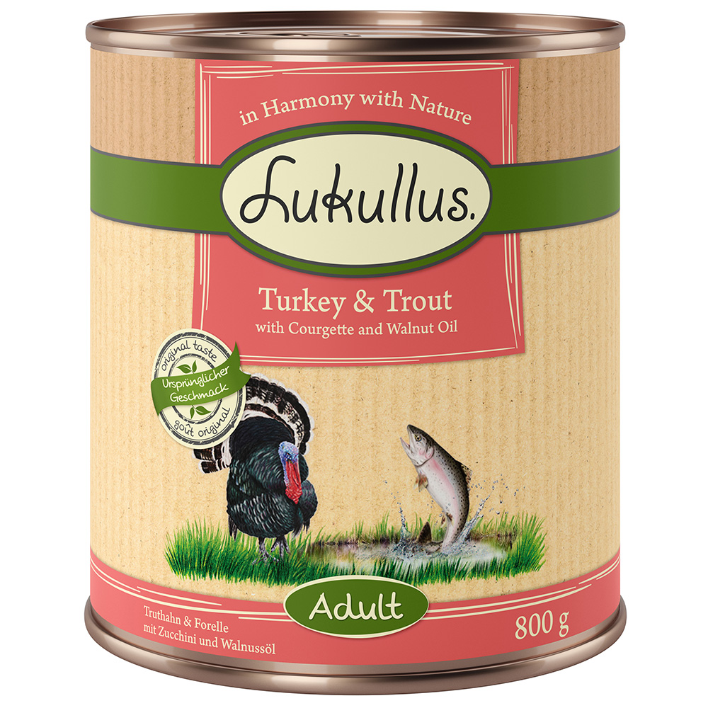 Lukullus 12 x 800 g Alimento umido per cani - Adult Tacchio & Trota (Senza cereali)
