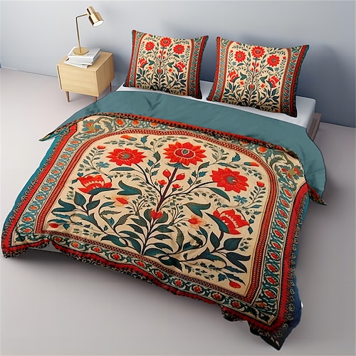 Mittelalterliche Quiltkunst mit dem Baum des Lebens-Musters, Bettbezug-Set, weiches 3-teiliges Luxus-Baumwoll-Bettwäsche-Set, Heimdekoration, Geschenk Image