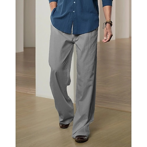 10 % Leinen Herren Leinenhose Hose Hosen Sommerhosen Strandhose Kordelzug Elastische Taille Falten Glatt Komfort Atmungsaktiv Casual Täglich Festtage Modisch Klassicher Stil Schwarz Weiß Image