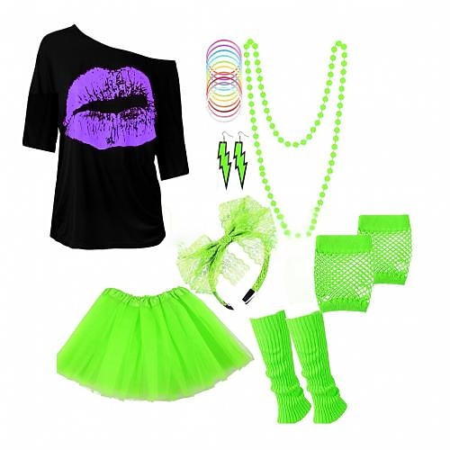 Damen 80er Kostüme Outfit 1980er T-Shirts Accessoires Set T-Shirt Tutu Rock Ohrringe Halskette Armbänder Netzhandschuhe Stulpen Stirnband 8-tlg Schlager Outfit Image