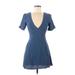 TOBI Casual Dress - Mini V Neck Short sleeves: Blue Solid Dresses - Women's Size Medium