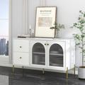 Buffet 120cm avec 2 portes en verre et 2 tiroirs - plateau effet marbre - pieds dorés - Blanc