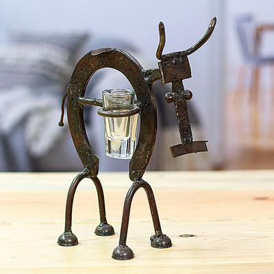 Salud,'Recycled Iron Cow Tequila Bottle and Glass Stand 3-Piece Set'