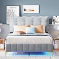 Wrought Studio™ Velvet Platform Bed w/ LED Frame & Stylish Mental Bed Legs Upholstered/Velvet in Gray/White | 47 H x 56.3 W x 81.7 D in | Wayfair