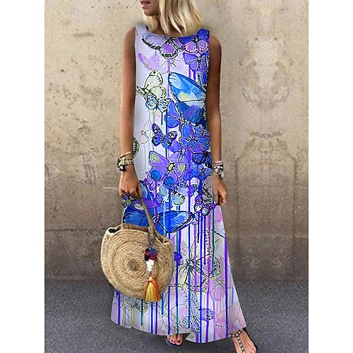 Abito Maxi da donna Abito estivo Abito a trapezio Abito estivo Casual Vacanza Festa Casual Vestibilità ampia Stampa animale Senza maniche Collo rotondo Giallo chiaro Blu chiaro Giallo Rosso Estate
