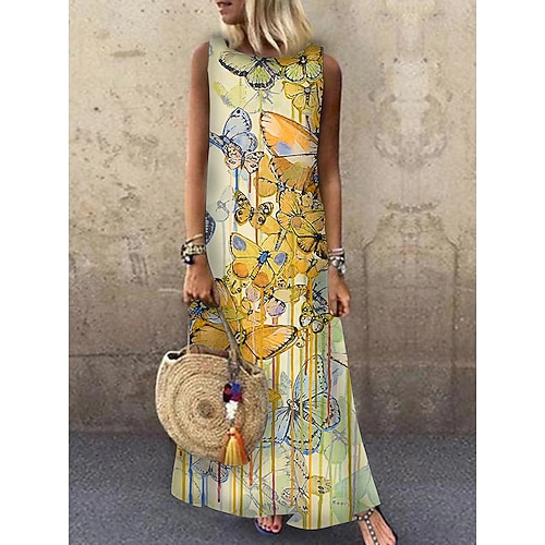 Abito Maxi da donna Abito estivo Abito a trapezio Abito estivo Casual Vacanza Festa Casual Vestibilità ampia Stampa animale Senza maniche Collo rotondo Giallo chiaro Blu chiaro Giallo Rosso Estate