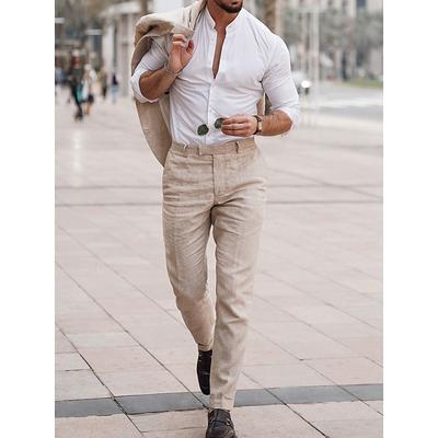 Light Blue Beige Men's Wedding Linen Suits Summer Beach Wedding Suits 2 Piece Solid Colored Tailored Fit Single Breasted One-Button 2024