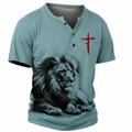 Graphic Lion Cross Retro Vintage Casual Men's 3D Print T shirt Tee Henley Shirt Sports Outdoor Holiday Going out T shirt Blue Sky Blue Khaki Short Sleeve Henley Shirt Spring Summer Clothing Apparel