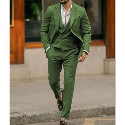 Men's Summer Wedding Linen Suits Green Fashion Casual Solid Colored Tailored Fit 3 Piece Single Breasted Two-buttons