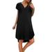 Uuszgmr Ladies Solid Color Summer Casual V Neck Denim Long Party Dresses Short Sleeve Swing Dress Black Size:Xxl