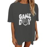FhsagQ Summer Female Spring Tops for Women 2024 Women s Casual and Fashionable Colorful Interesting Baseball Print Crew Neck Oversized T Shirt GreyS