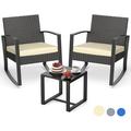 Aiho Patio Furniture Set 3 Pieces Wicker Outdoor Patio Bistro Rocking Chair Sets with Cushion Porch furniture Set with Glass Table Rattan Chair Modern Bistro Set for Porches and Balcony (