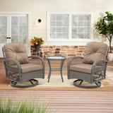 3-Piece Swivel Rocker Conversation Set Rattan Swivel Rocking Chairs with Tempered Glass Side Table Patio Chairs with Padded Cushions Patio Bistro Set for Porch Backyard Deck Khaki