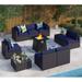 8 Pieces Patio Furniture Set with 45 Plate Embossing Propane Fire Table Outdoor PE Rattan Sectional Sofa Set Patio Gas Fire Pit Conversation Set with Blue Cushions & Glass Table