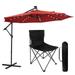 10ft Solar LED Lighted Patio Umbrella Outdoor Solar LED Lit Cantilever Patio Umbrella Hanging Shade for Backyard Deck Poolside w/Lights Easy Tilt with Portable Folding Camping Chair