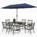 VILLA 5 Piece Outdoor Dining Set with 10ft Umbrella 37 Square Metal Dining Table & 4 Cushioned Metal Chairs & 3-Tier Beige Umbrella for Patio Deck Yard Porch