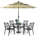 VILLA 5 Piece Patio Dining Set with 10ft Umbrella 37 Square Metal Dining Table & 4 Stacking Metal Chair with 3 Tier Navy Umbrella for Outdoor Deck Yard Porch