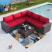 Popular Outdoor Patio Furniture Set 6 Pieces Sectional Rattan Sofa Set Brown PE Rattan Wicker Patio Conversation Set with 5 Navy Blue Seat Cushions and 1 Tempered Glass Table