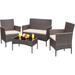 WAGEE Patio Furniture 4 Pieces Conversation Sets Outdoor Wicker Rattan Chairs Garden Backyard Balcony Porch Poolside loveseat with Soft Cushion and Glass Table Brown and Beige